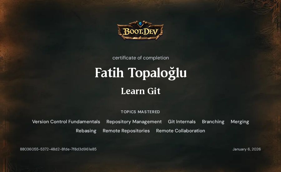 Fatih Topaloğlu's Boot.dev Learn Git certificate