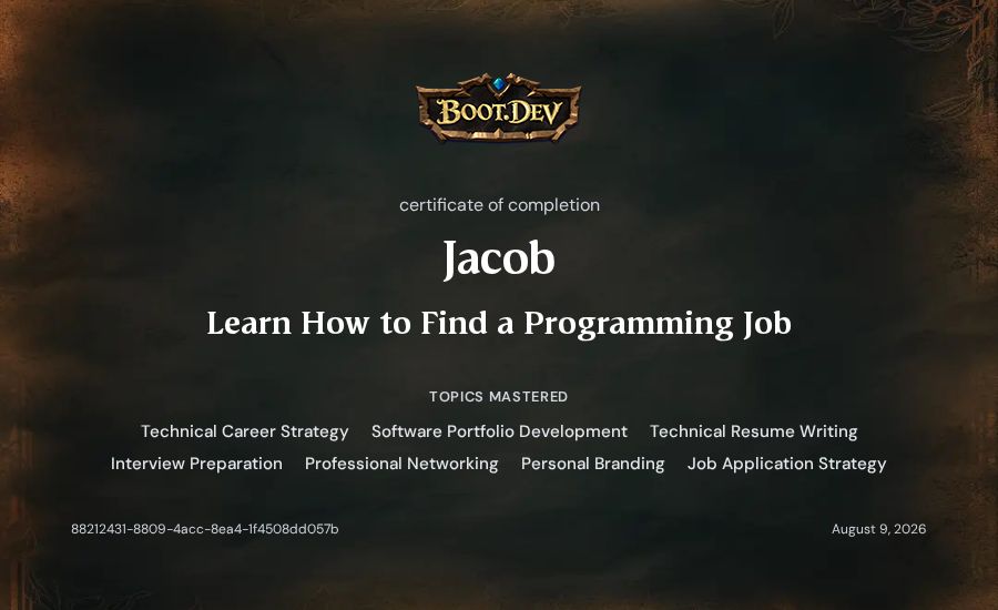 Jacob's Boot.dev Learn How to Find a Programming Job certificate