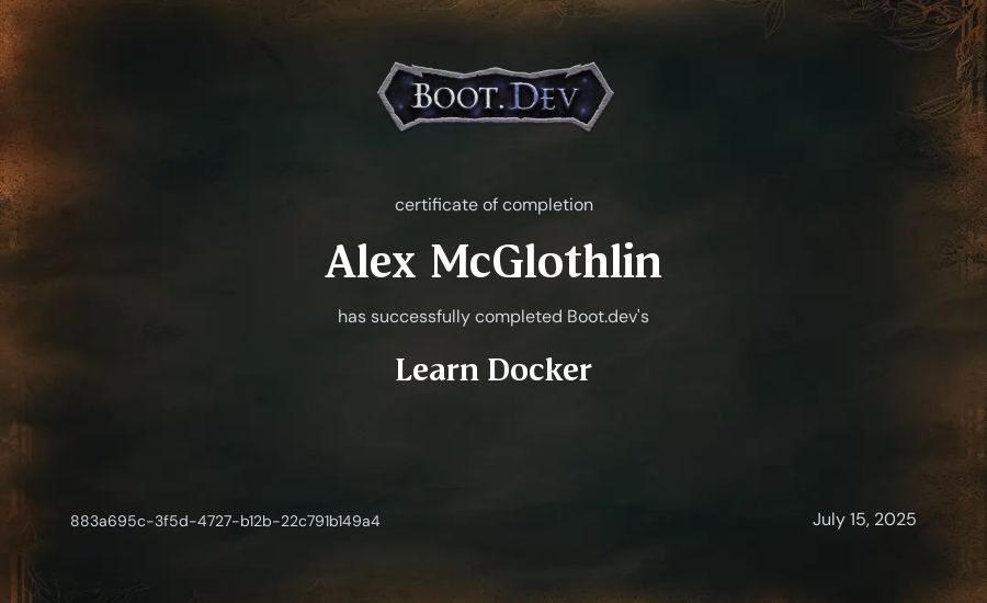 Alex McGlothlin's Boot.dev Learn Docker certificate
