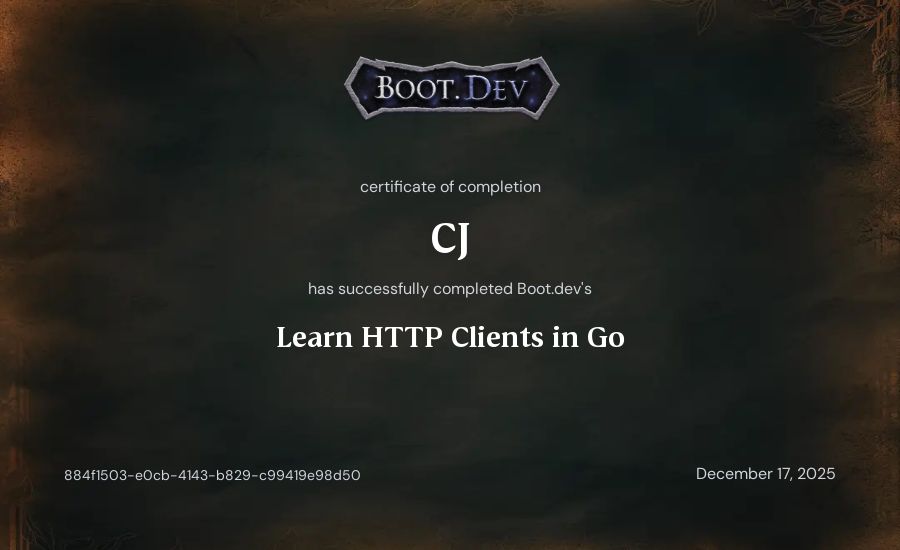 CJ's Boot.dev Learn HTTP Clients in Go certificate
