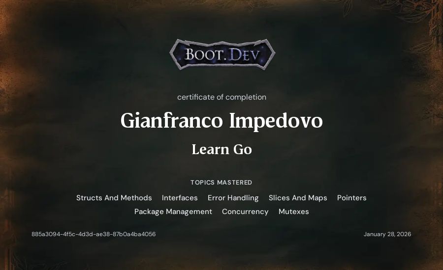 Gianfranco Impedovo's Boot.dev Learn Go certificate