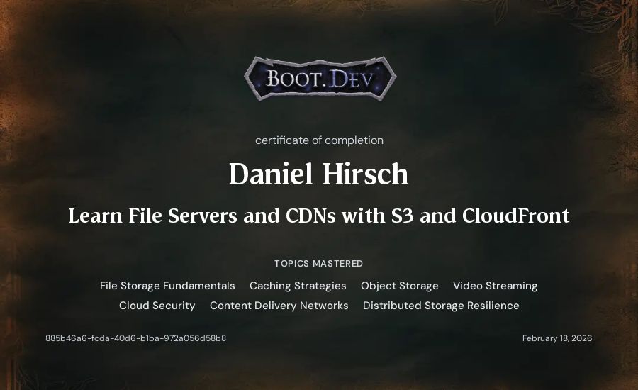 Daniel Hirsch's Boot.dev Learn File Servers and CDNs with S3 and CloudFront certificate