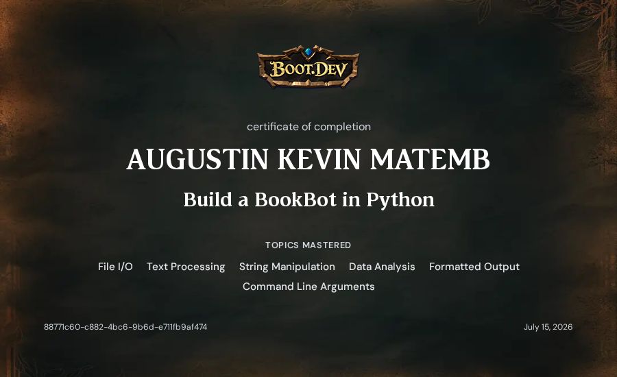 Tambou Donald's Boot.dev Build a BookBot in Python certificate