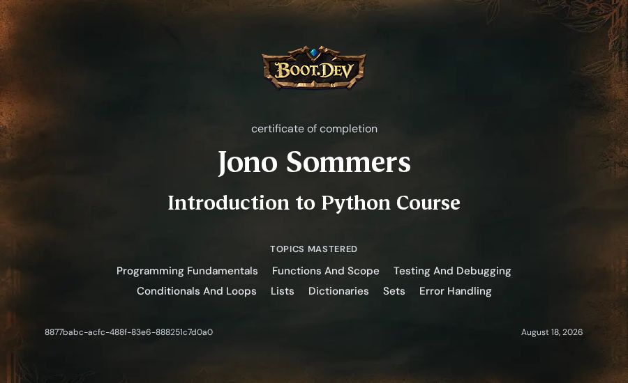 Jono Sommers's Boot.dev Introduction to Python Course certificate