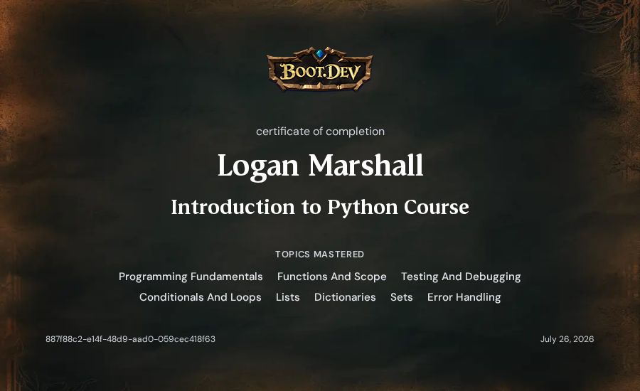Logan Marshall's Boot.dev Introduction to Python Course certificate