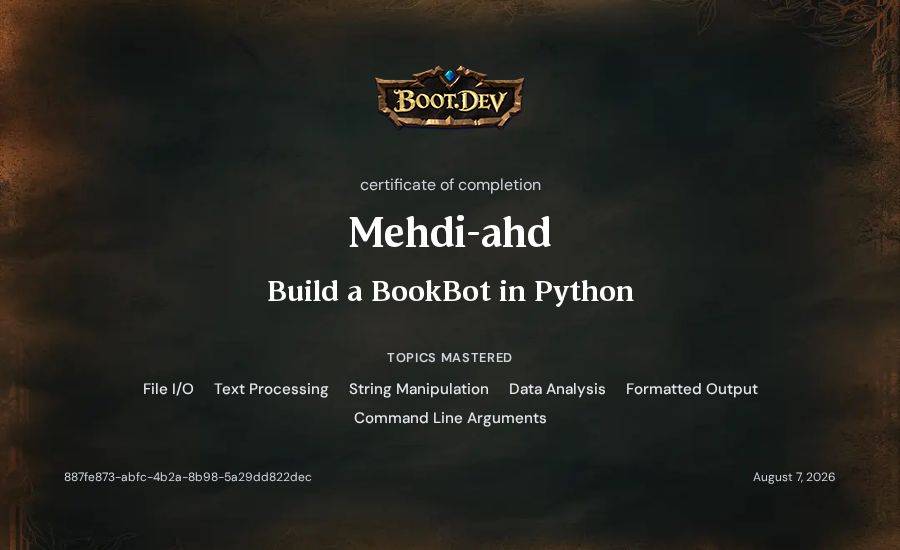 Mehdi-ahd's Boot.dev Build a BookBot in Python certificate