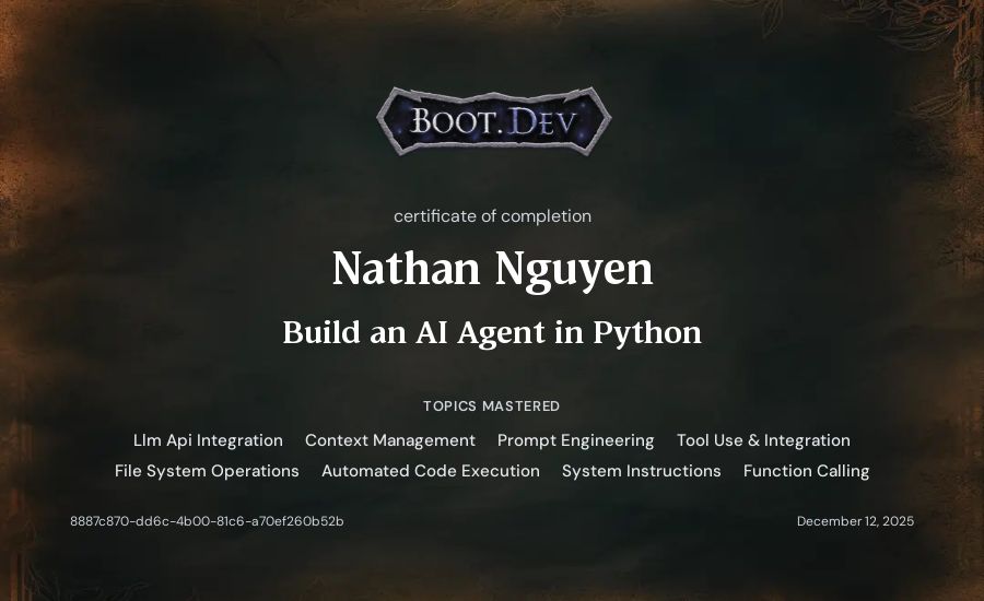 Nathan Nguyen's Boot.dev Build an AI Agent in Python certificate
