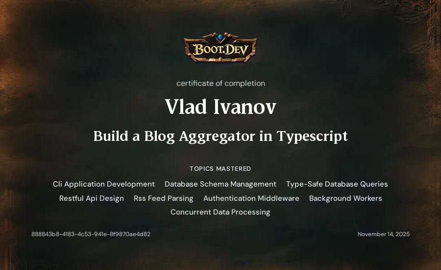 Vlad Ivanov's Boot.dev Build a Blog Aggregator in TypeScript certificate