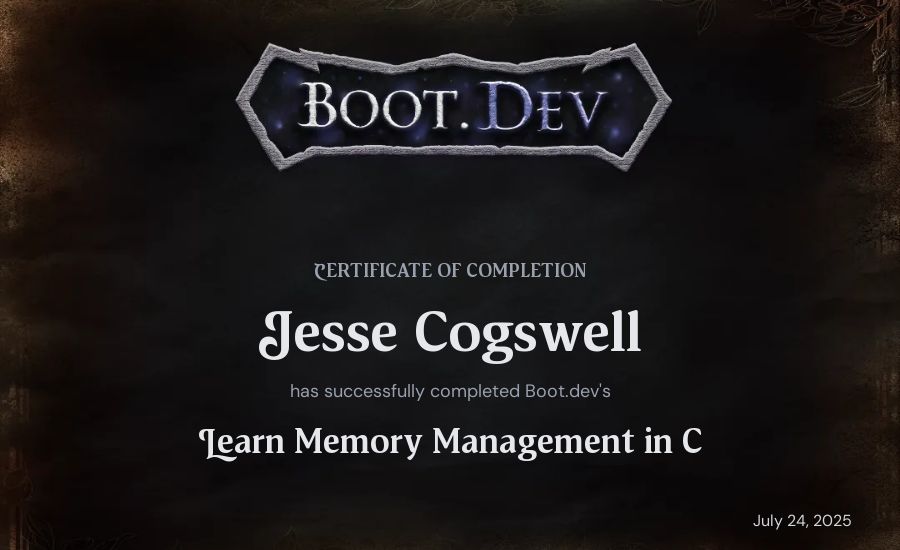 Jesse Cogswell's Boot.dev Learn Memory Management in C certificate
