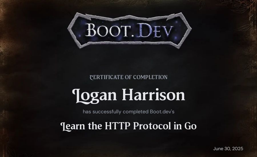 Logan Harrison's Boot.dev Learn the HTTP Protocol in Go certificate
