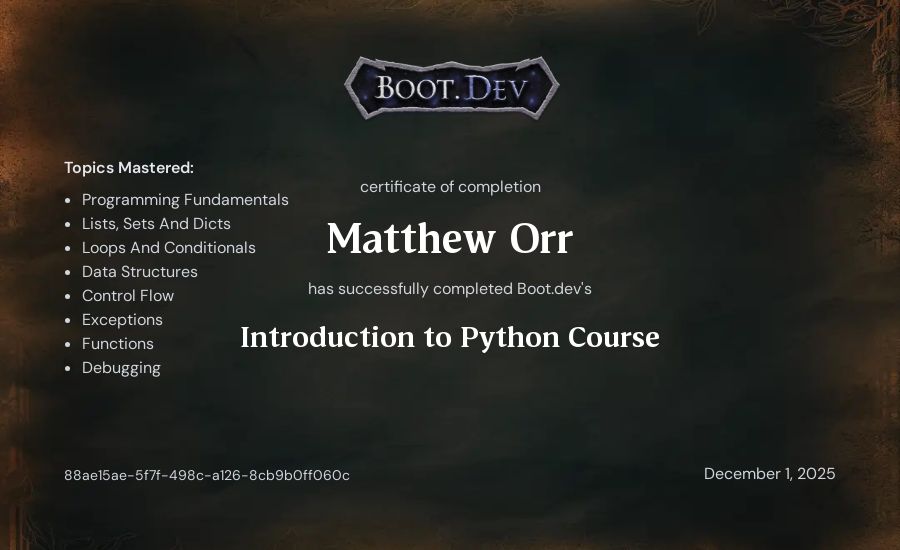 Matthew Orr's Boot.dev Introduction to Python Course certificate