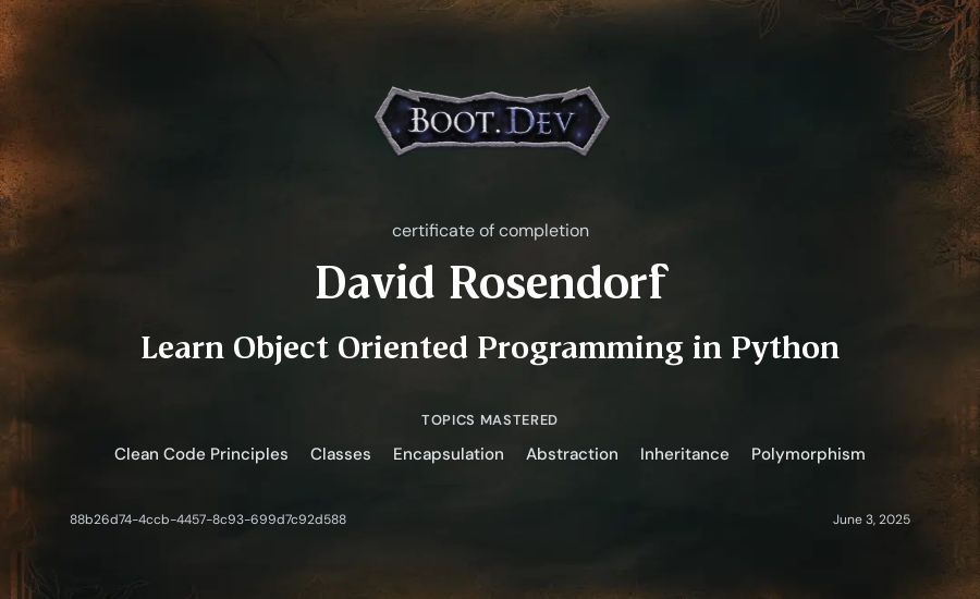Dorf's Boot.dev Learn Object Oriented Programming in Python certificate
