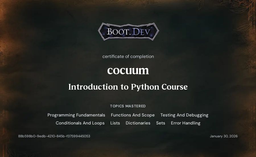 cocuum's Boot.dev Introduction to Python Course certificate