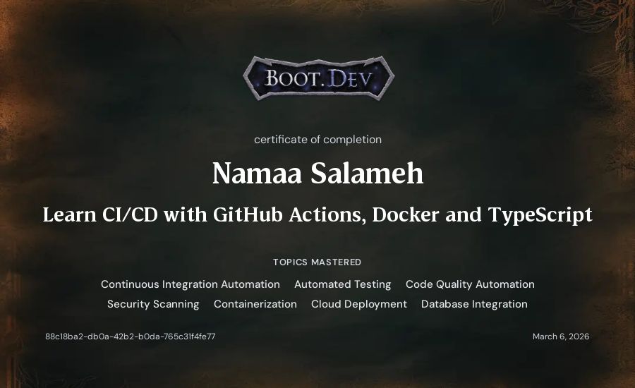 Namaa Salameh's Boot.dev Learn CI/CD with GitHub Actions, Docker and TypeScript certificate