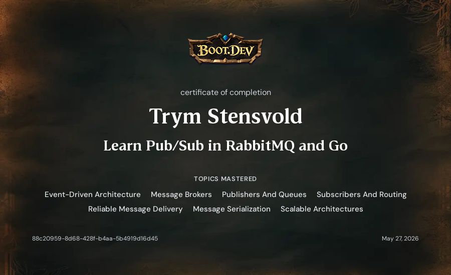 Trym Stensvold's Boot.dev Learn Pub/Sub in RabbitMQ and Go certificate