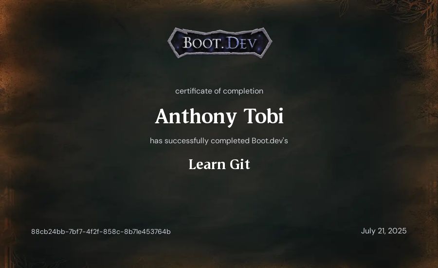 Anthony Tobi's Boot.dev Learn Git certificate