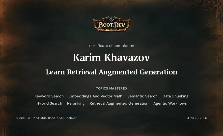Karim Khavazov's Boot.dev Learn Retrieval Augmented Generation certificate