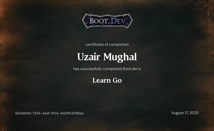 Uzair Mughal's Boot.dev Learn Go certificate