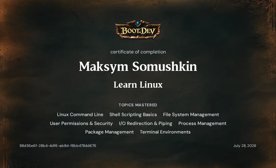 Maksym Somushkin's Boot.dev Learn Linux certificate