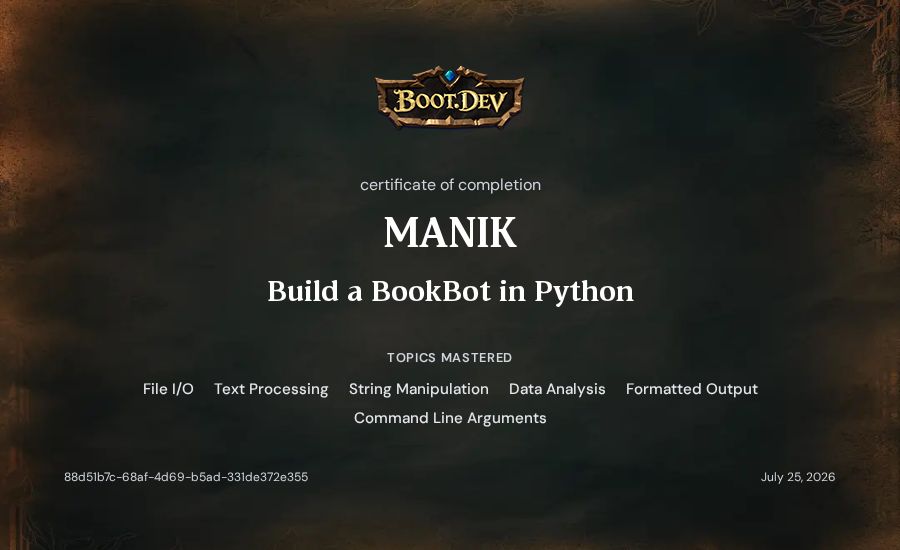 MANIK's Boot.dev Build a BookBot in Python certificate