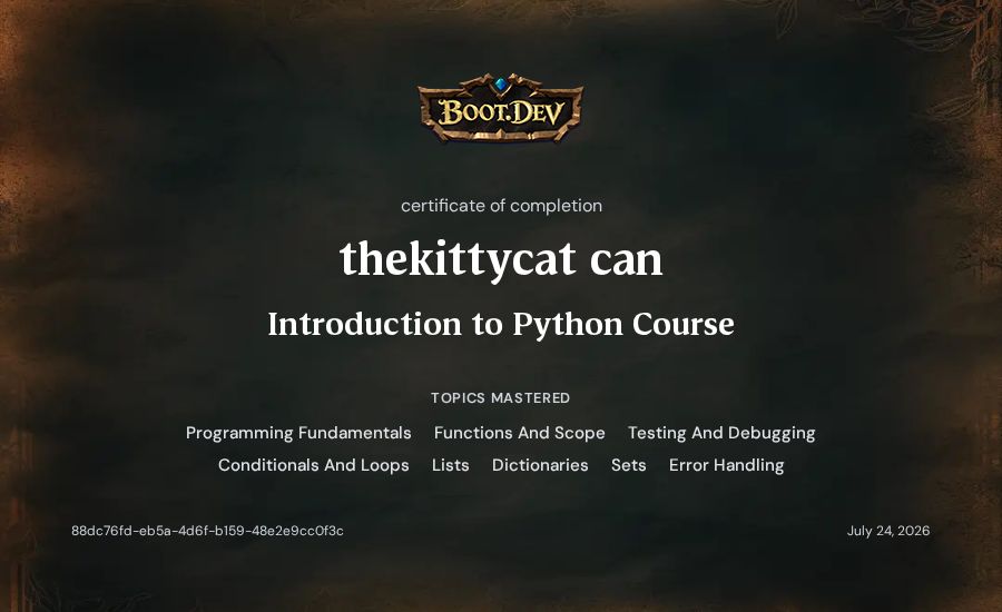 thekittycat can's Boot.dev Introduction to Python Course certificate