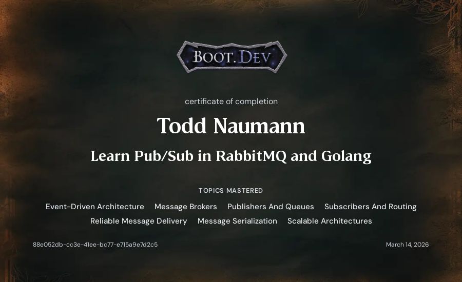 Todd Naumann's Boot.dev Learn Pub/Sub in RabbitMQ and Go certificate