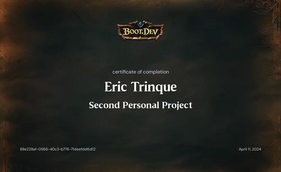 Eric Trinque's Boot.dev Second Personal Project certificate