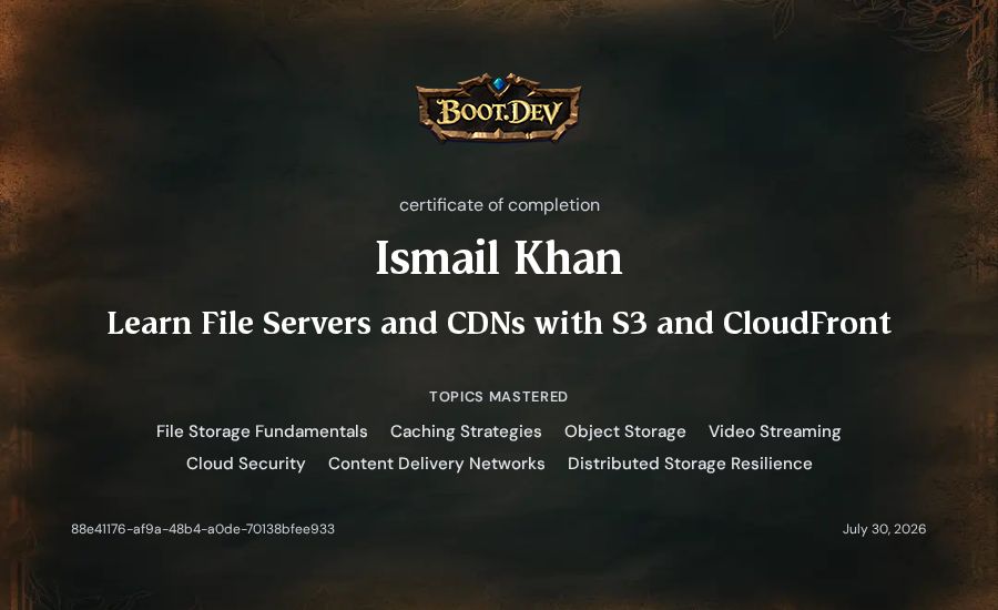 Ismail Khan's Boot.dev Learn File Servers and CDNs with S3 and CloudFront certificate