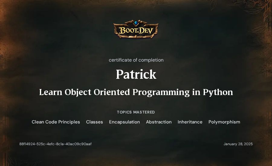 Patrick's Boot.dev Learn Object Oriented Programming in Python certificate