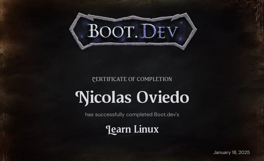Nicolas Oviedo's Boot.dev Learn Linux certificate
