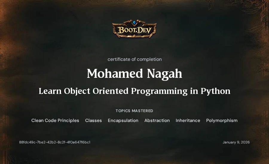 Mohamed Nagah's Boot.dev Learn Object Oriented Programming in Python certificate