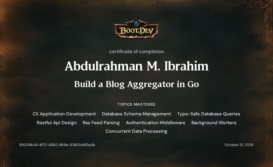Abdulrahman M. Ibrahim's Boot.dev Build a Blog Aggregator in Go certificate