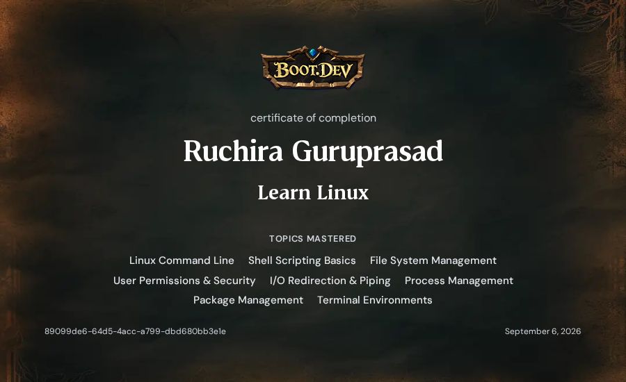 Ruchira Guruprasad's Boot.dev Learn Linux certificate