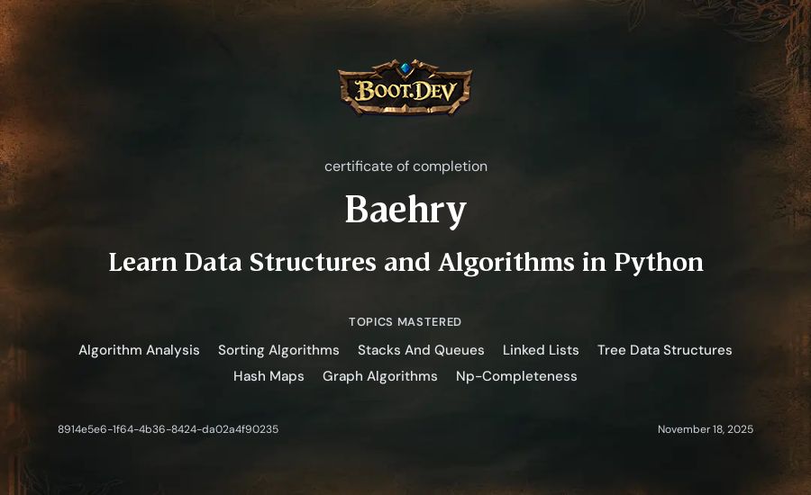 Baehry's Boot.dev Learn Data Structures and Algorithms in Python certificate