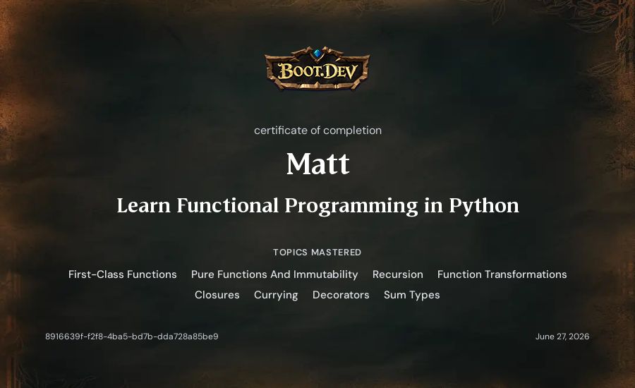 Matt's Boot.dev Learn Functional Programming in Python certificate