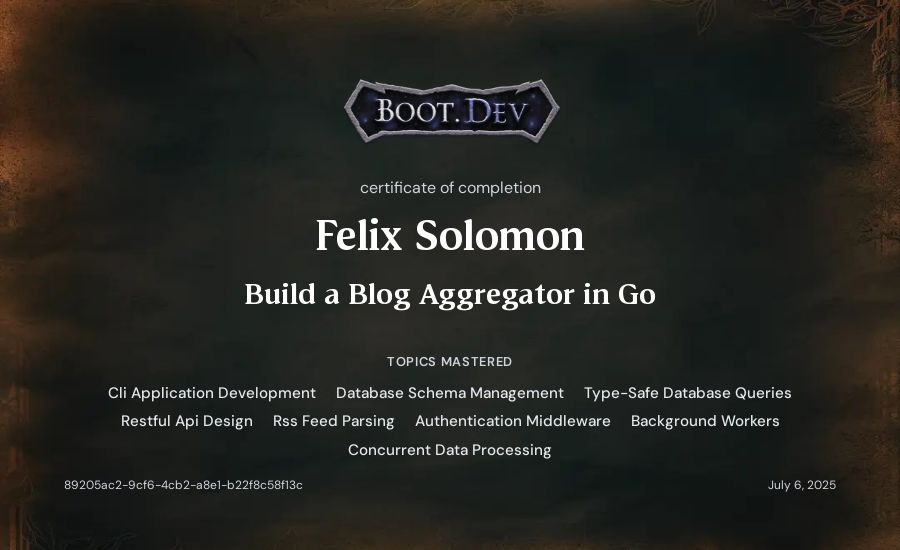 Felix Solomon's Boot.dev Build a Blog Aggregator in Go certificate
