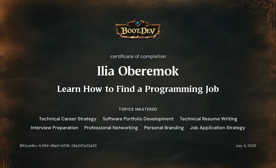 Ilia Oberemok's Boot.dev Learn How to Find a Programming Job certificate
