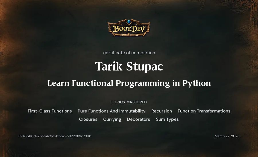 Tarik Stupac's Boot.dev Learn Functional Programming in Python certificate