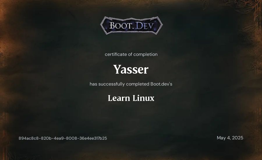 Yasser's Boot.dev Learn Linux certificate