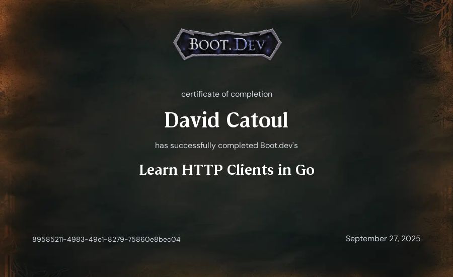 David Catoul's Boot.dev Learn HTTP Clients in Go certificate