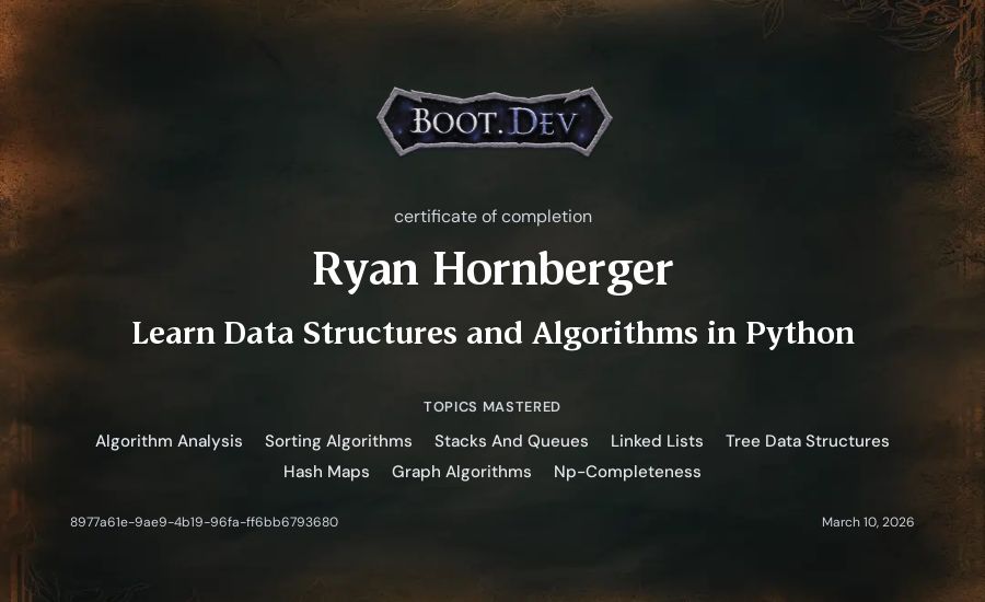 Ryan Hornberger's Boot.dev Learn Data Structures and Algorithms in Python certificate