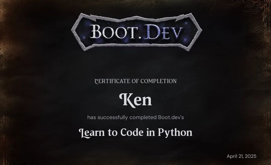 Ken's Boot.dev Introduction to Python Course certificate