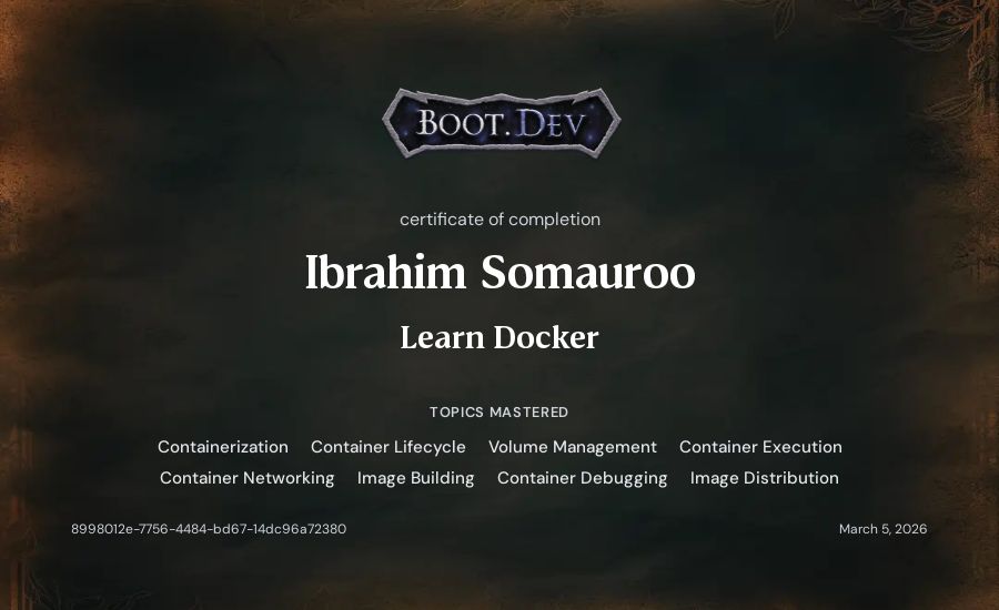 Ibrahim Somauroo's Boot.dev Learn Docker certificate