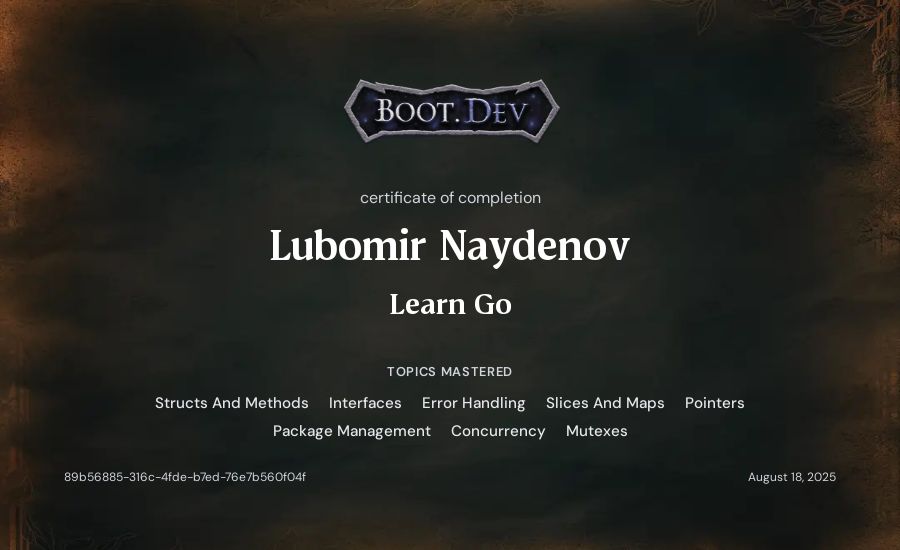 Lubomir Naydenov's Boot.dev Learn Go certificate