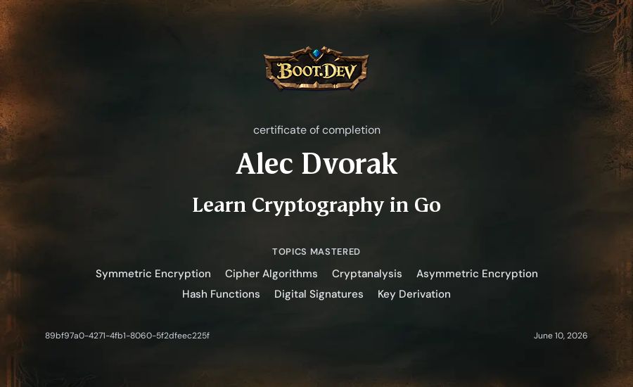 Alec Dvorak's Boot.dev Learn Cryptography in Go certificate