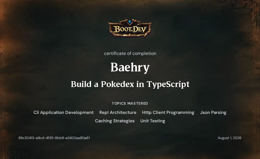 Baehry's Boot.dev Build a Pokedex in TypeScript certificate