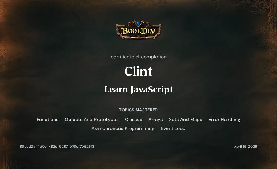 Clint's Boot.dev Learn JavaScript certificate