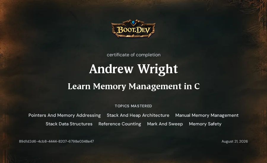 Andrew Wright's Boot.dev Learn Memory Management in C certificate