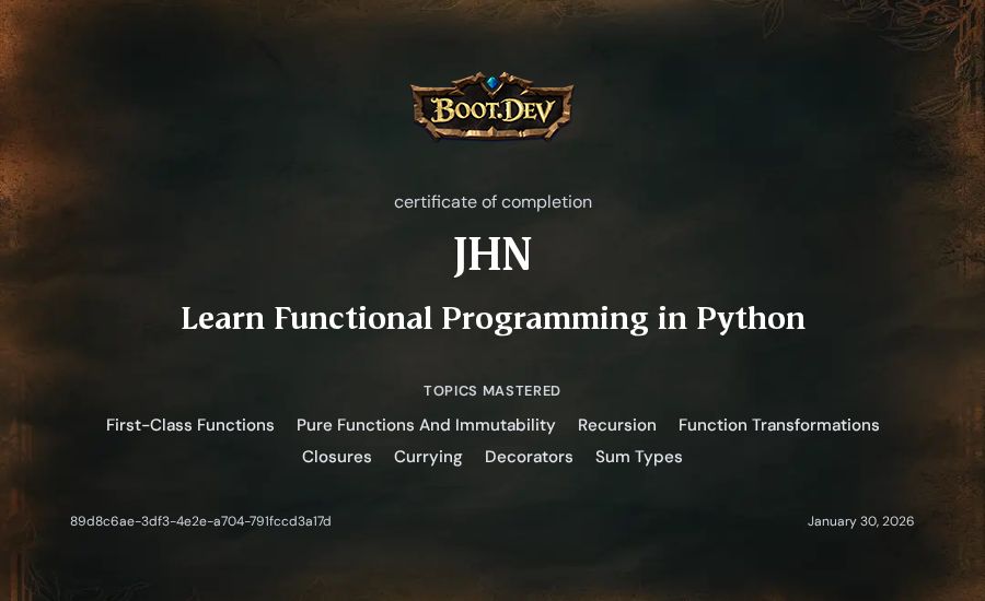 JHN's Boot.dev Learn Functional Programming in Python certificate