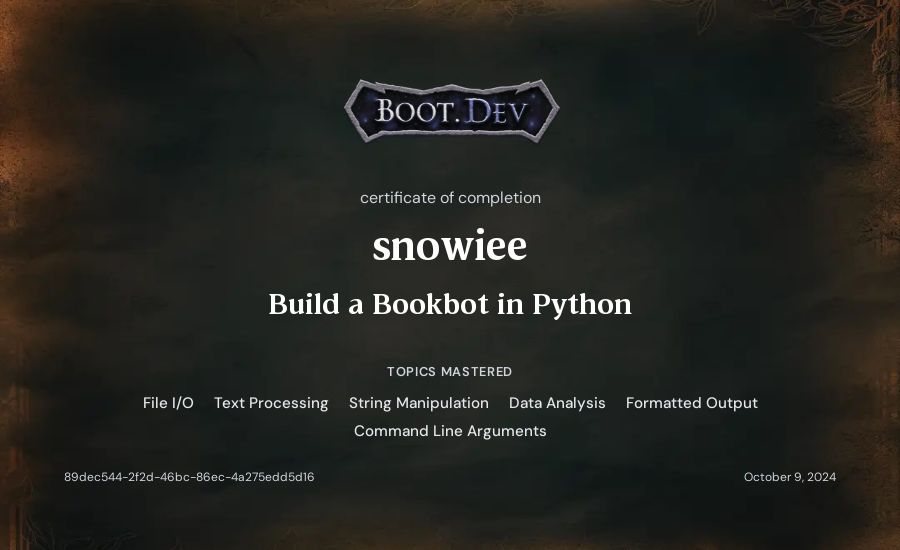 snowiee's Boot.dev Build a BookBot in Python certificate